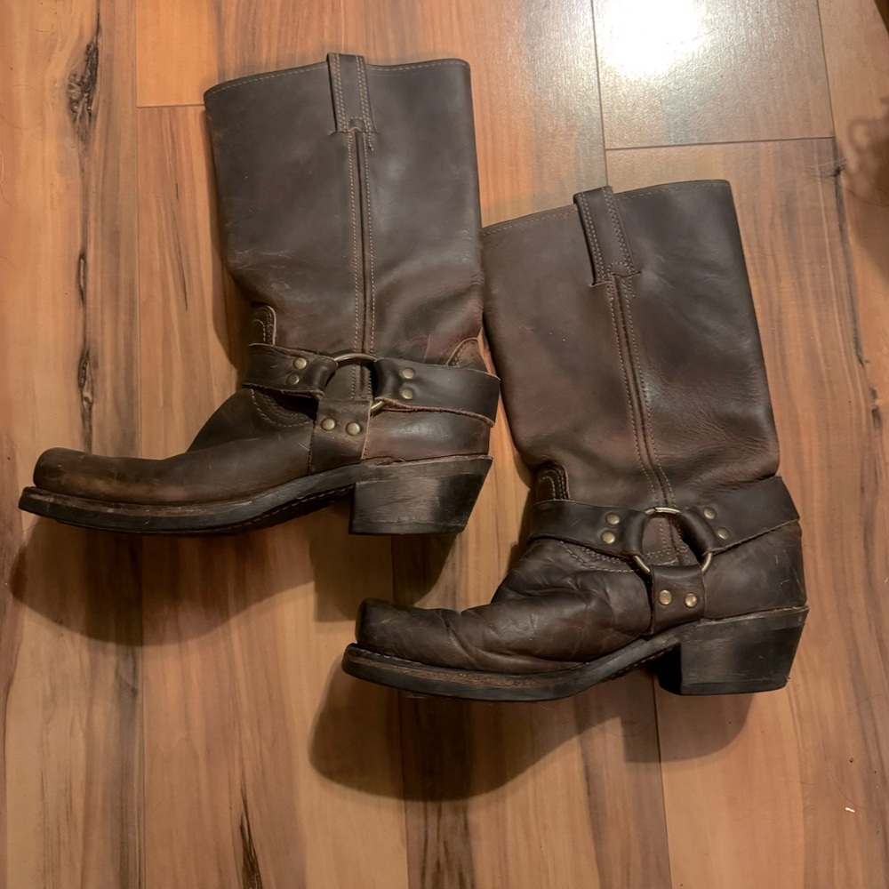 Frye Harness Boots, Distressed Brown, Size 8